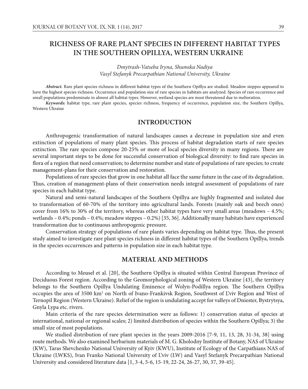 Richness of Rare Plant Species in Different Habitat Types in the Southern Opillya, Western Ukraine