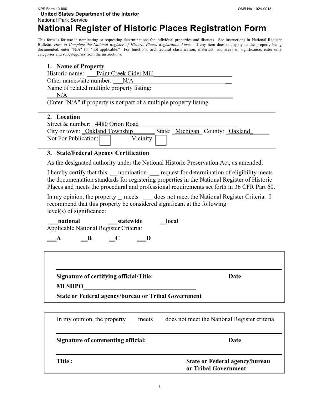 Paint Creek Cider Mill National Register Nomination