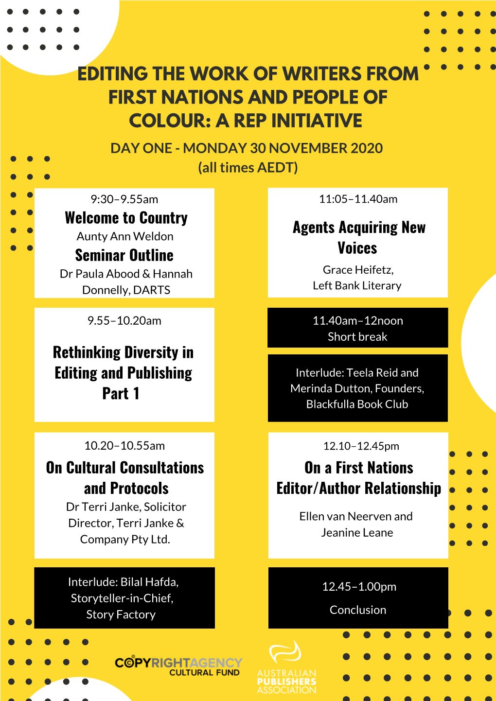 EDITING the WORK of WRITERS from FIRST NATIONS and PEOPLE of COLOUR: a REP INITIATIVE DAY ONE - MONDAY 30 NOVEMBER 2020 (All Times AEDT)