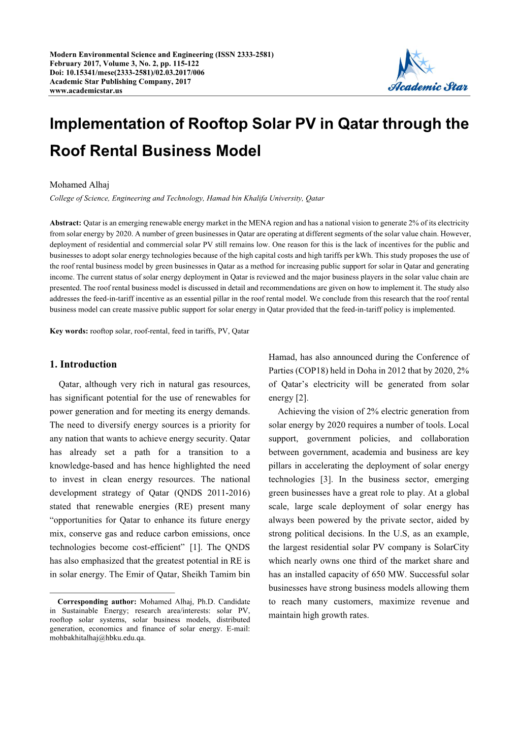 Implementation of Rooftop Solar PV in Qatar Through the Roof Rental Business Model
