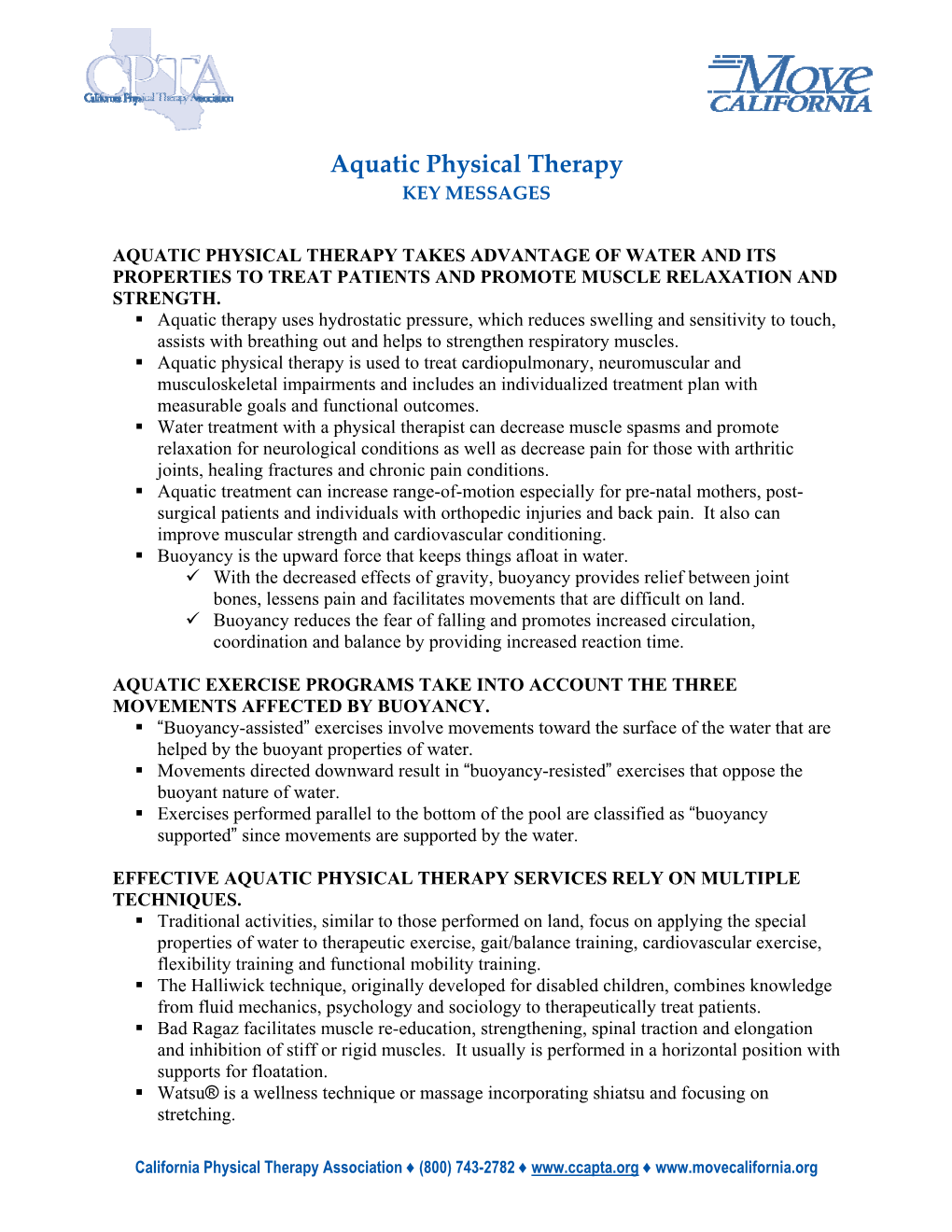 Aquatic Physical Therapy: Key Messages