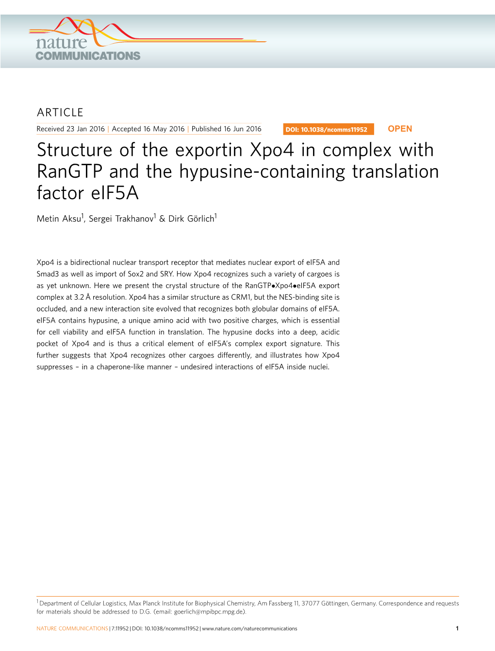 Structure of the Exportin Xpo4 in Complex with Rangtp and the Hypusine-Containing Translation Factor Eif5a