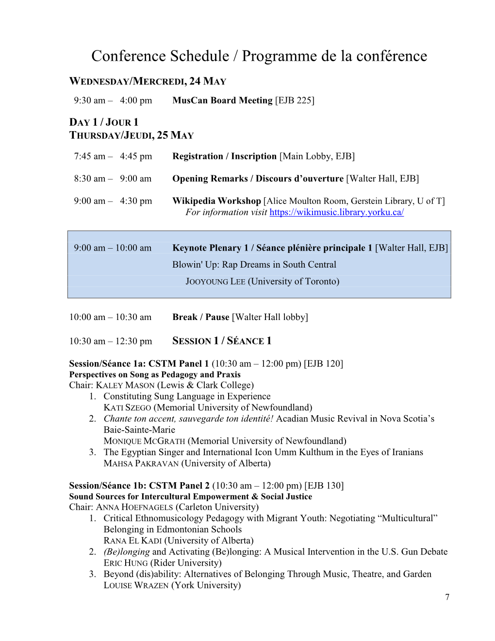 Conference Schedule / Programme De La Conférence