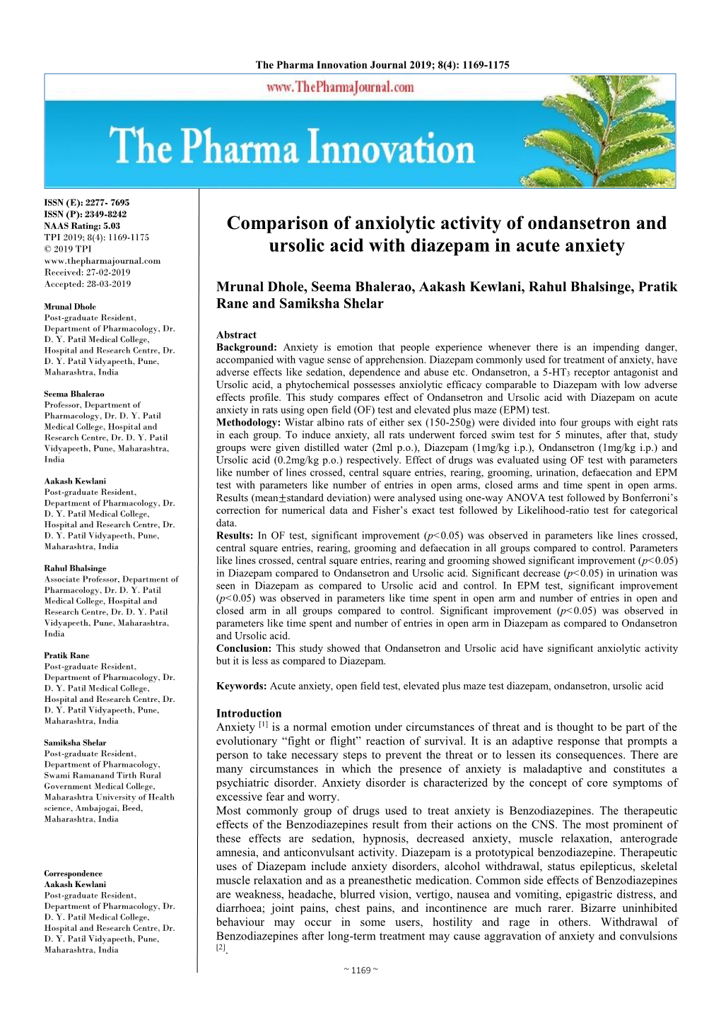 Comparison of Anxiolytic Activity of Ondansetron and Ursolic Acid With