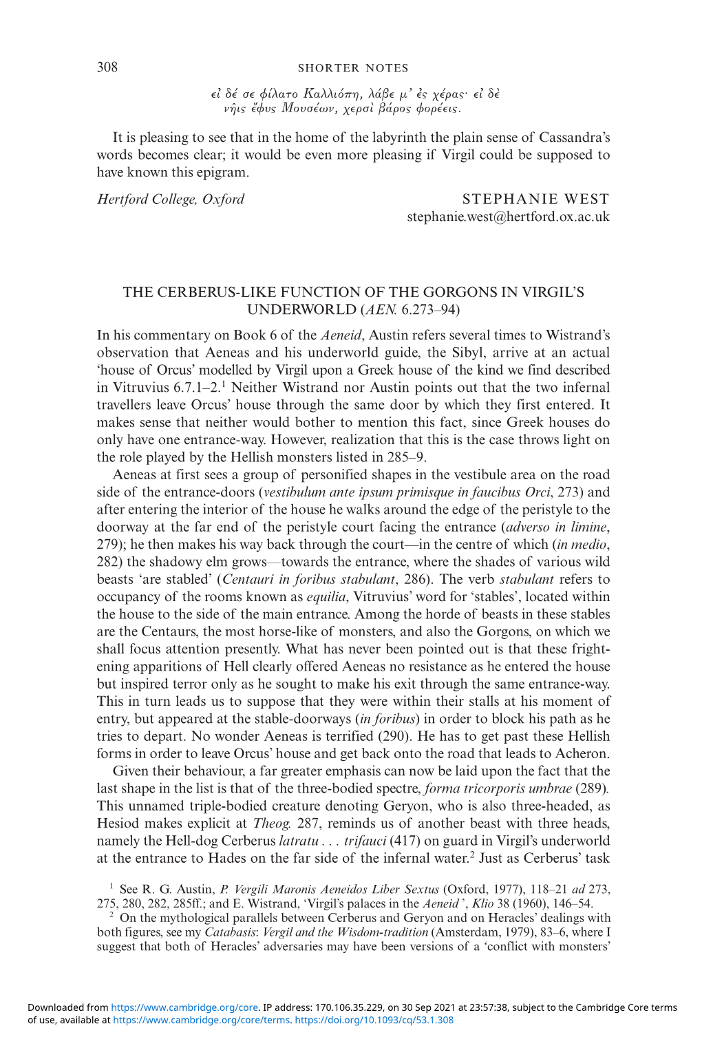 The Cerberus-Like Function of the Gorgons in Virgil's Underworld