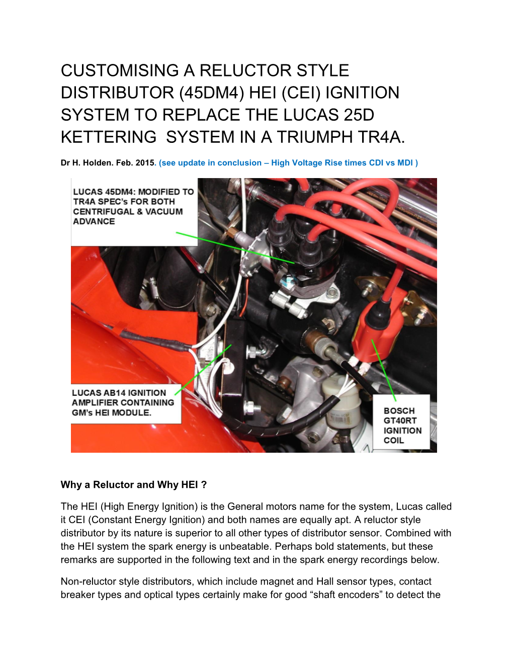 Hei (Cei) Ignition System to Replace the Lucas 25D Kettering System in a Triumph Tr4a