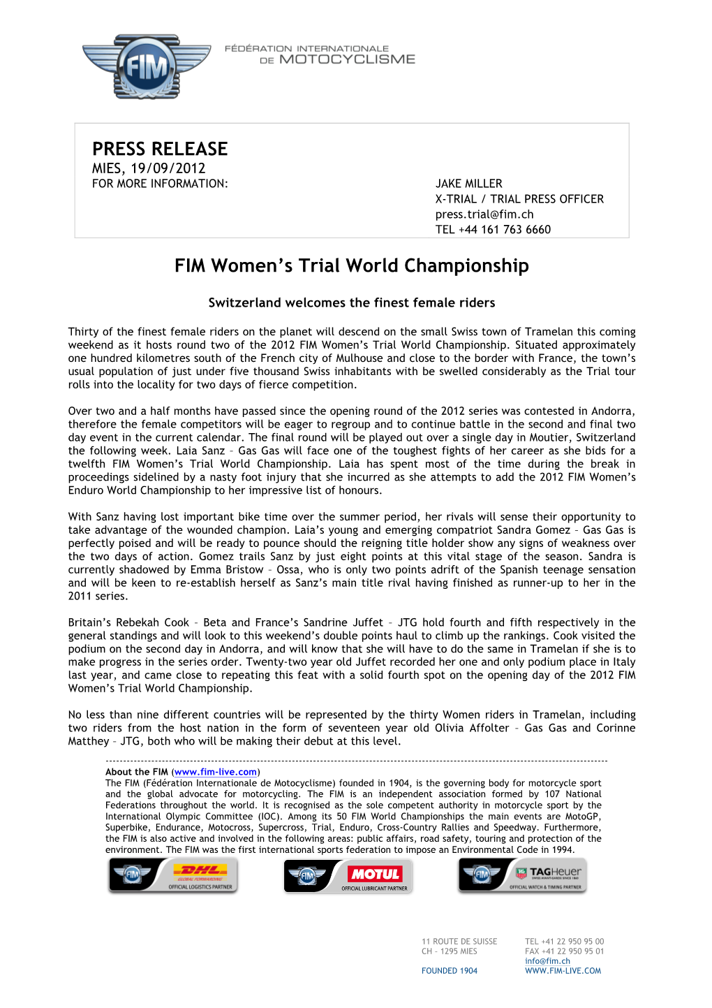 PRESS RELEASE FIM Women's Trial World Championship