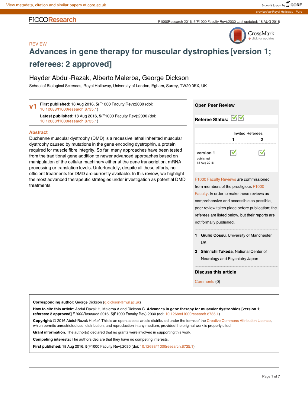 Advances in Gene Therapy for Muscular Dystrophies[Version 1