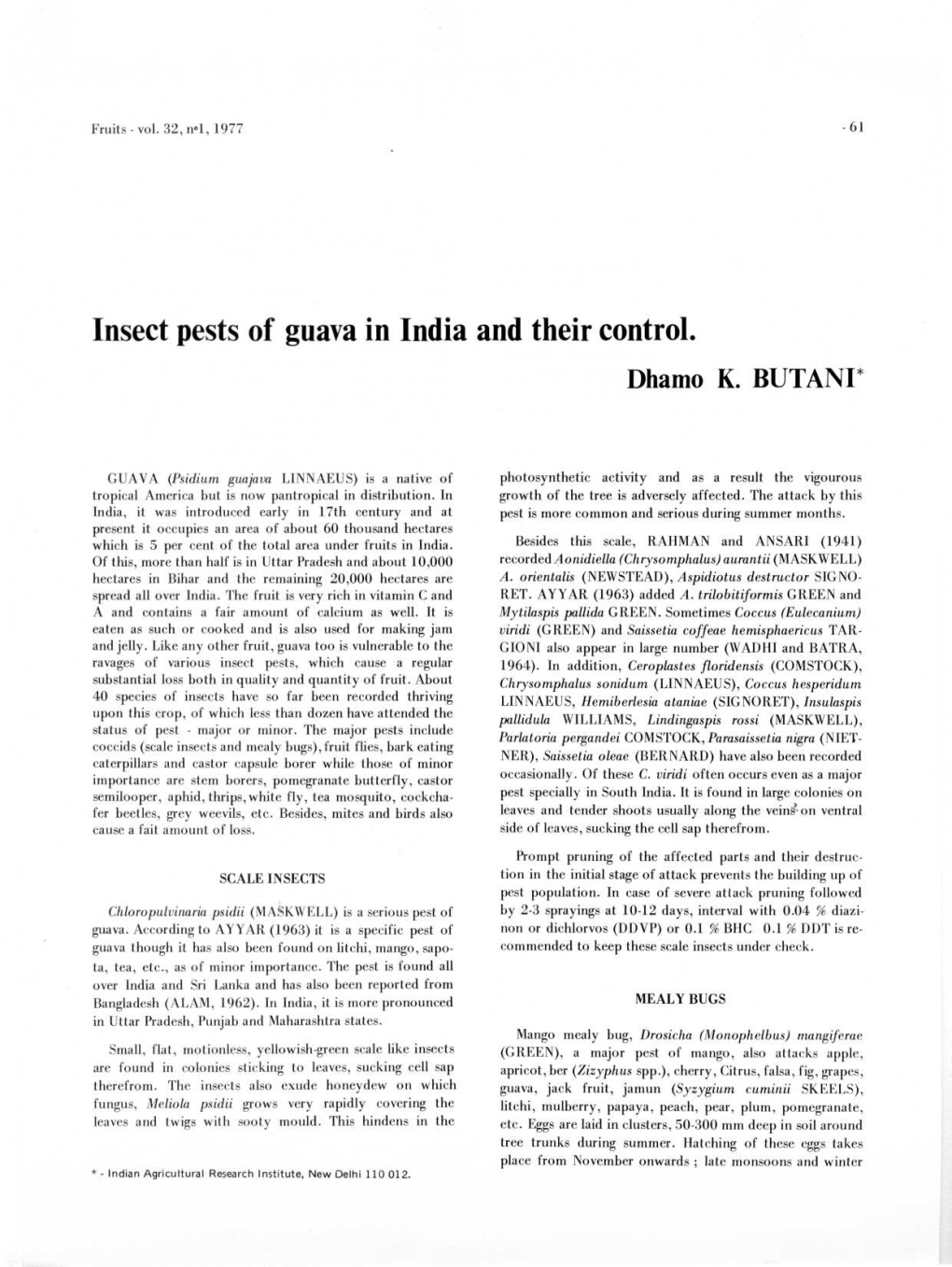 Insect Pests of Guava in India and Their Control