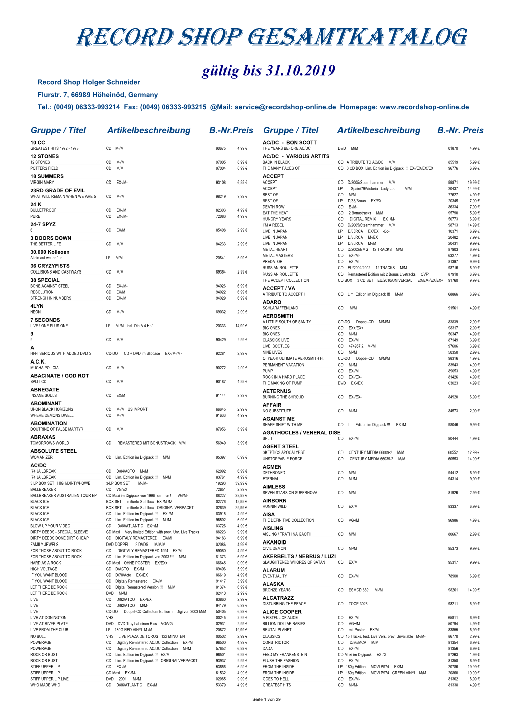 RECORD SHOP Gesamtkatalog Gültig Bis 31.10.2019 Record Shop Holger Schneider Flurstr