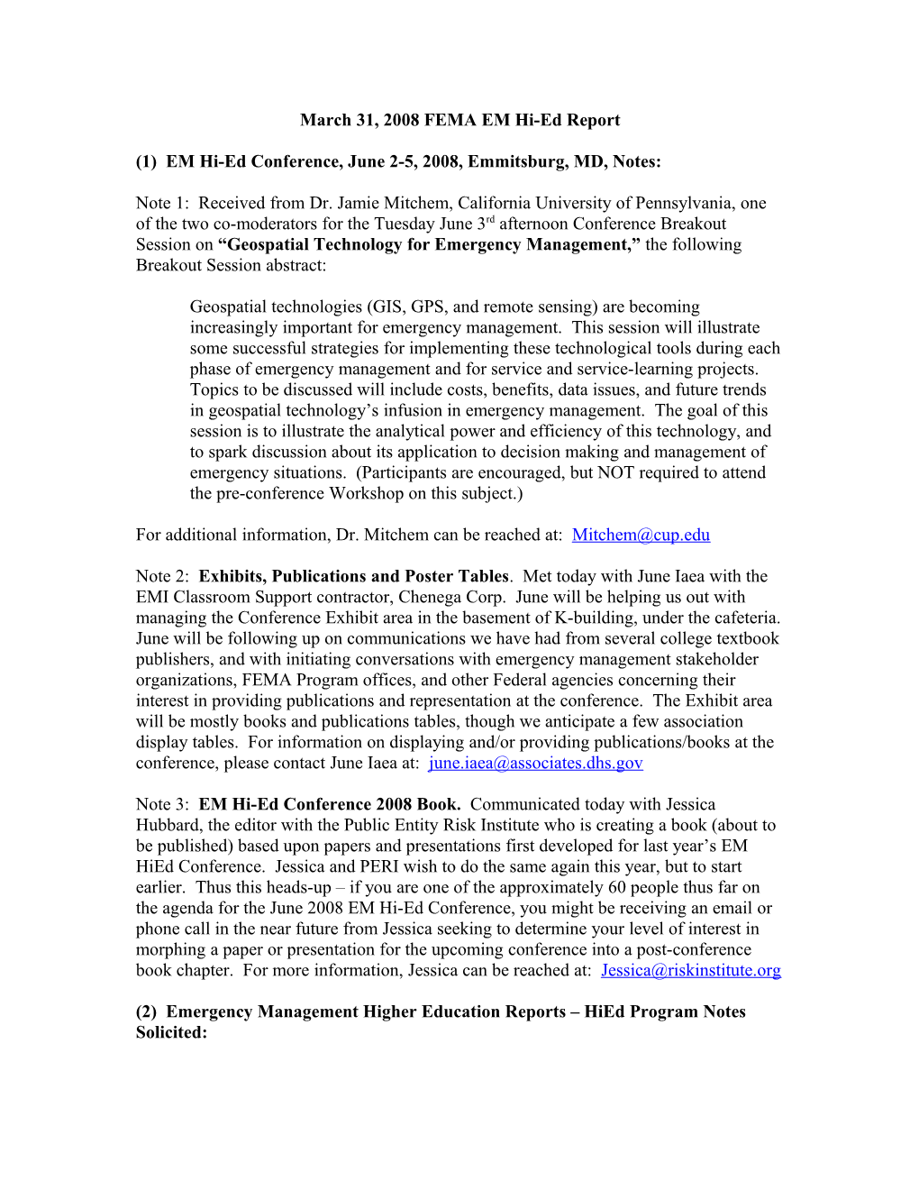 March 31, 2008 FEMA EM Hi-Ed Report