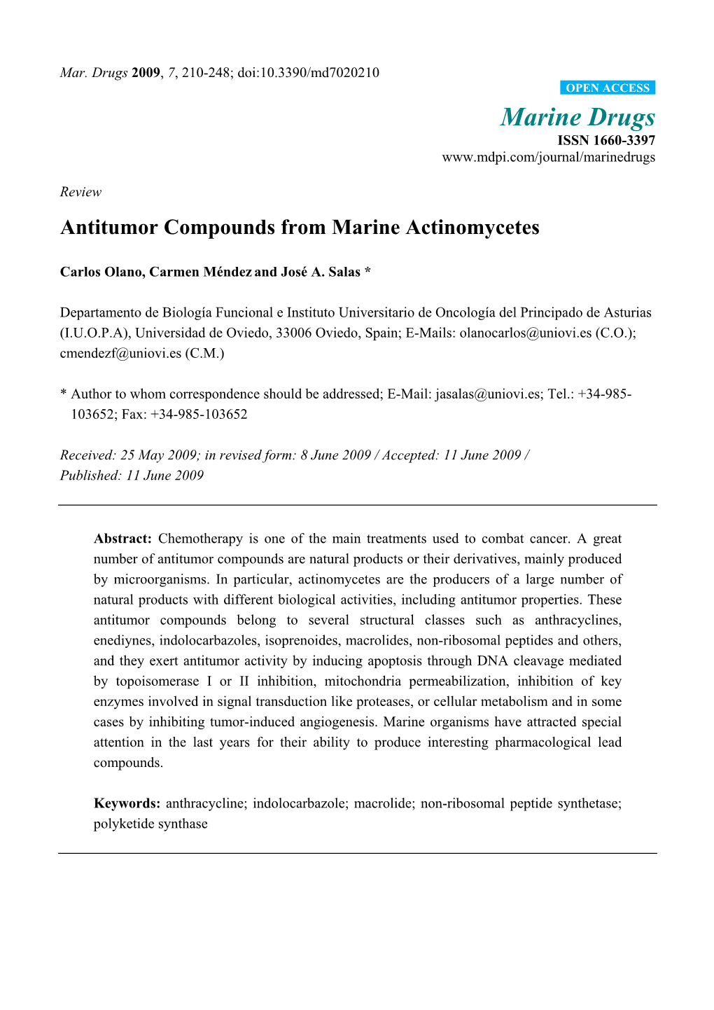 Antitumor Compounds from Marine Actinomycetes