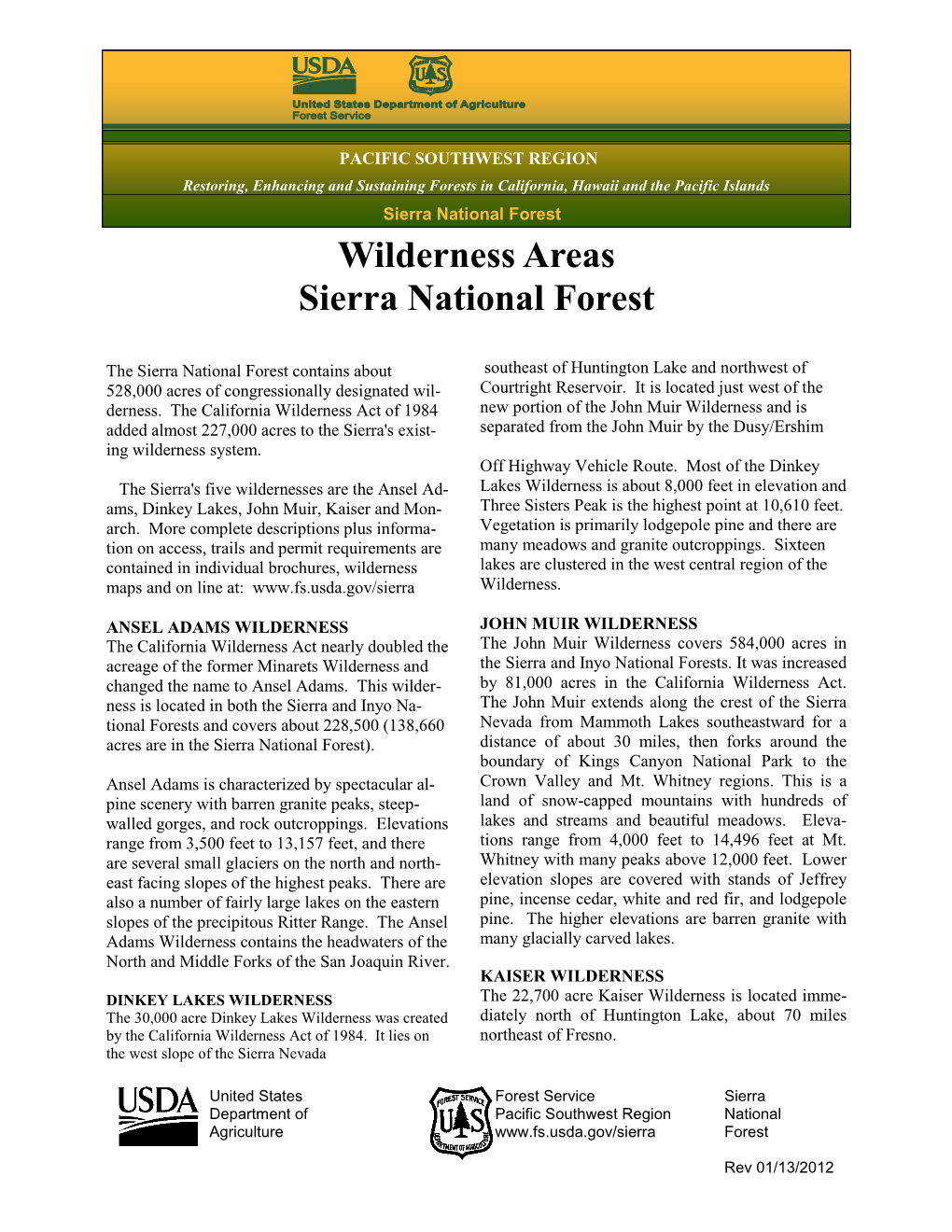 Wilderness Areas Sierra National Forest