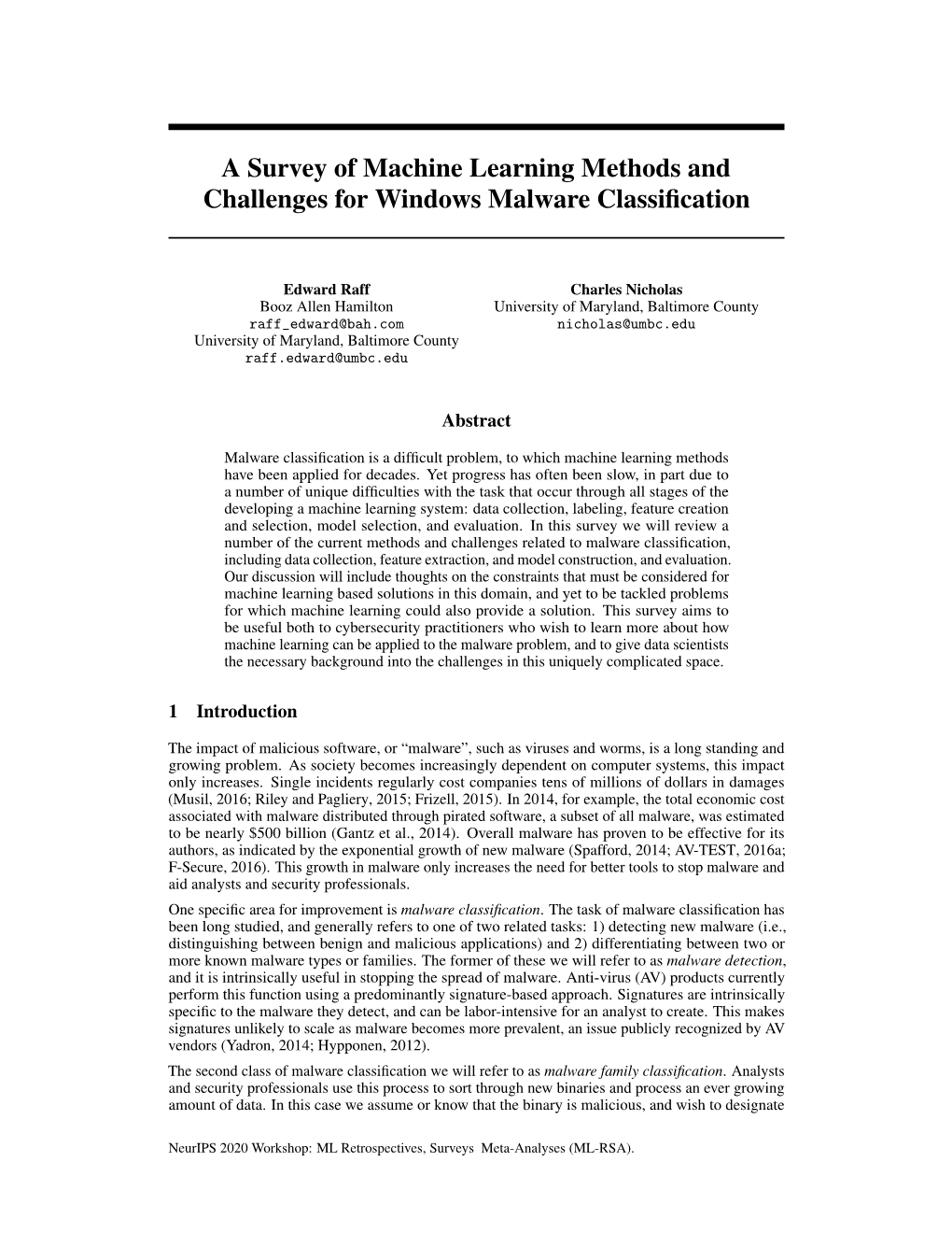 A Survey of Machine Learning Methods and Challenges for Windows Malware Classiﬁcation