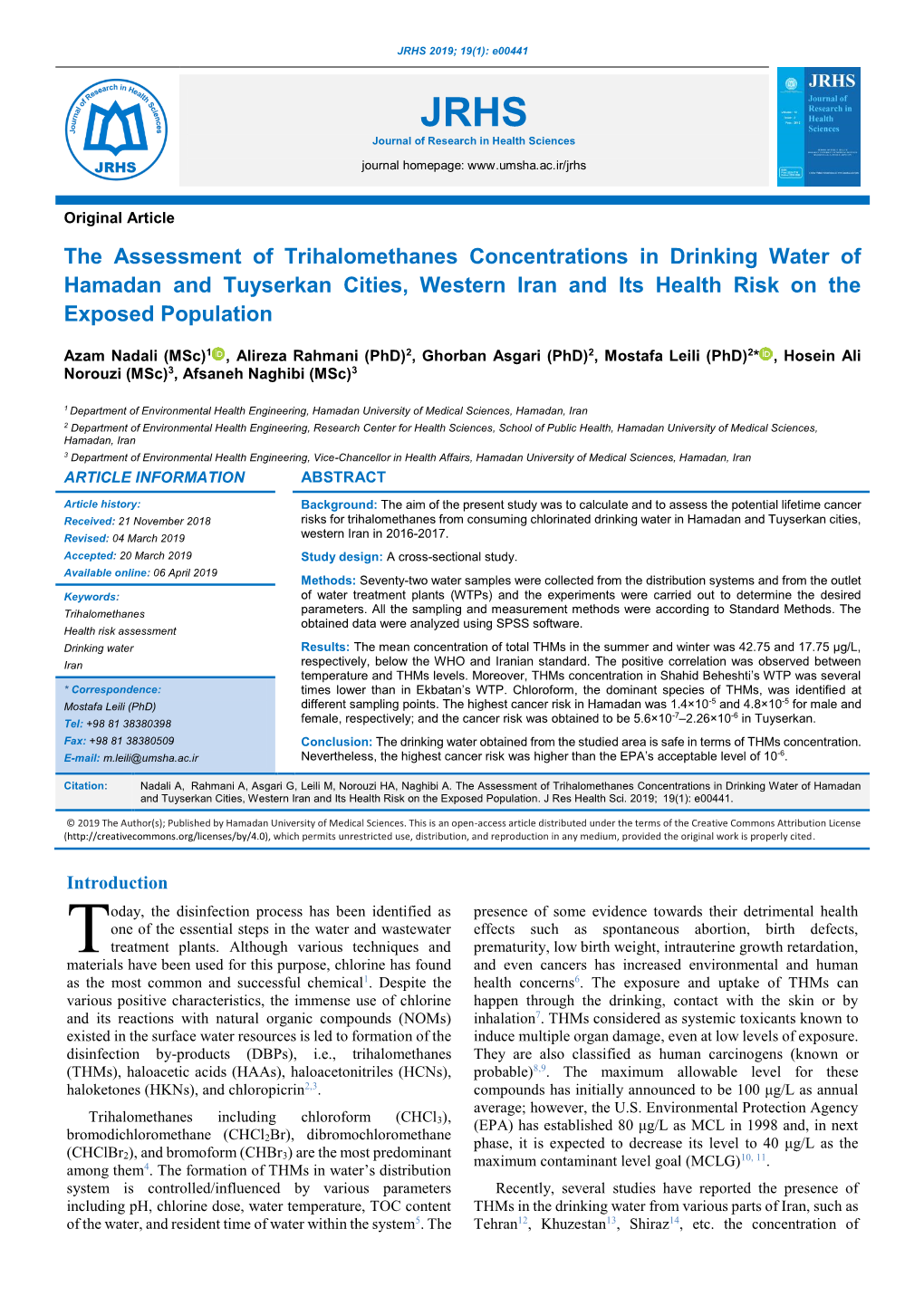 The Assessment of Trihalomethanes Concentrations in Drinking Water of Hamadan and Tuyserkan Cities, Western Iran and Its Health Risk on the Exposed Population