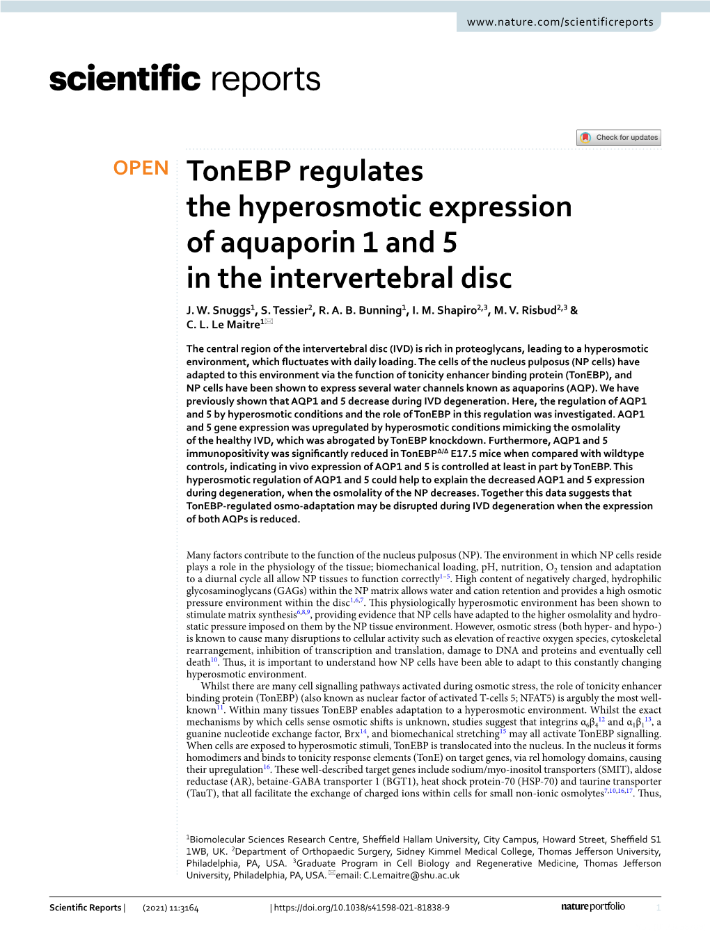 Tonebp Regulates the Hyperosmotic Expression of Aquaporin 1 and 5 in the Intervertebral Disc J