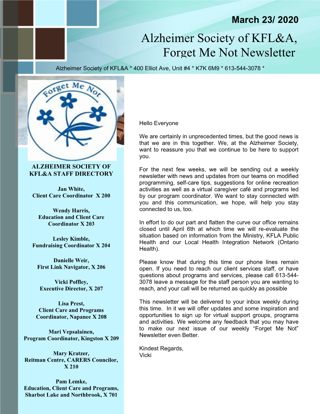 Alzheimer Society of KFL&A, Forget Me Not Newsletter