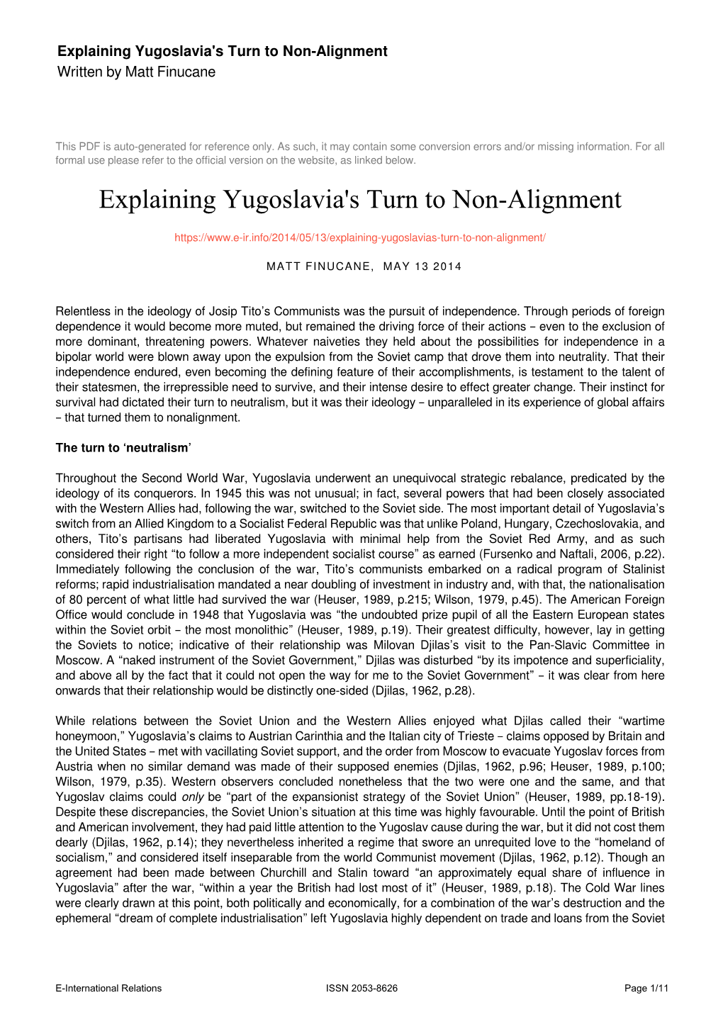 Explaining Yugoslavia's Turn to Non-Alignment Written by Matt Finucane