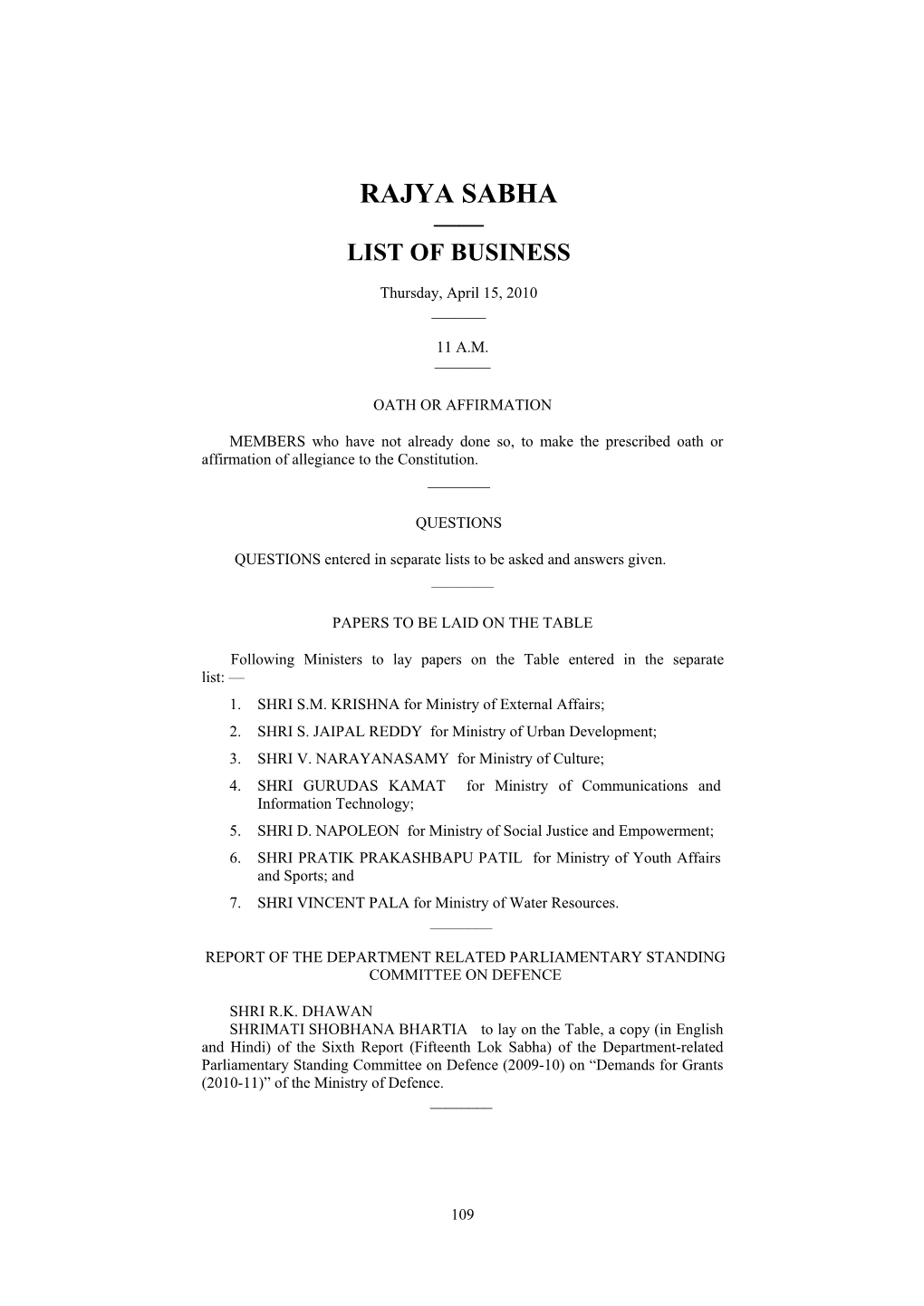 Rajya Sabha —— List of Business