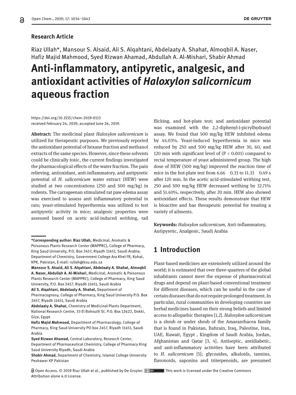 Anti-Inflammatory, Antipyretic, Analgesic, and Antioxidant Activities of Haloxylon Salicornicum Aqueous Fraction