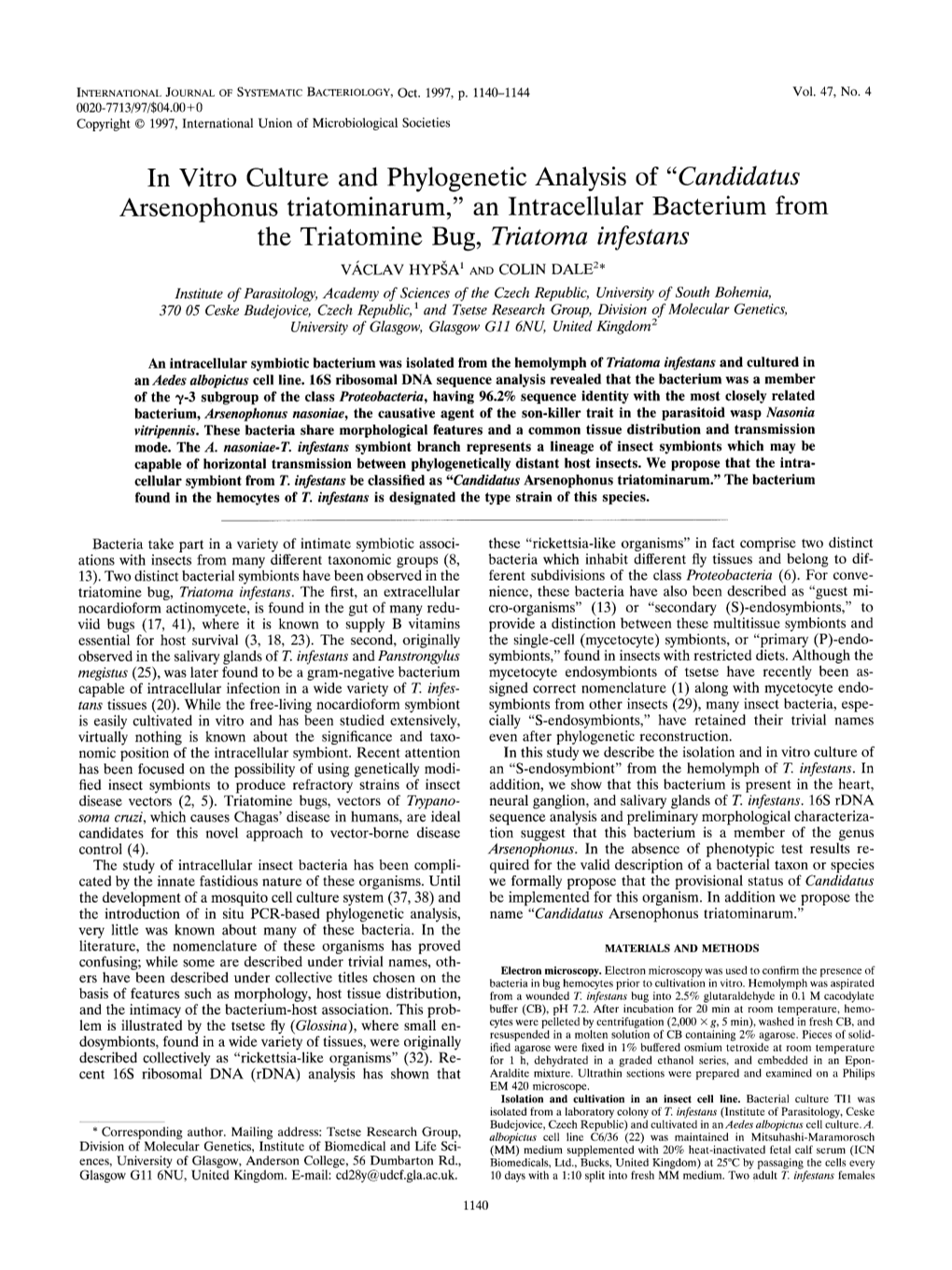 Candidatus Arsenophonus Triatominarum,” an Intracellular Bacterium from the Triatomine Bug, Triatoma Infestans