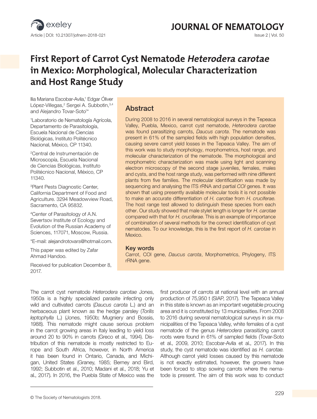 First Report of Carrot Cyst Nematode Heterodera Carotae in Mexico: Morphological, Molecular Characterization and Host Range Study
