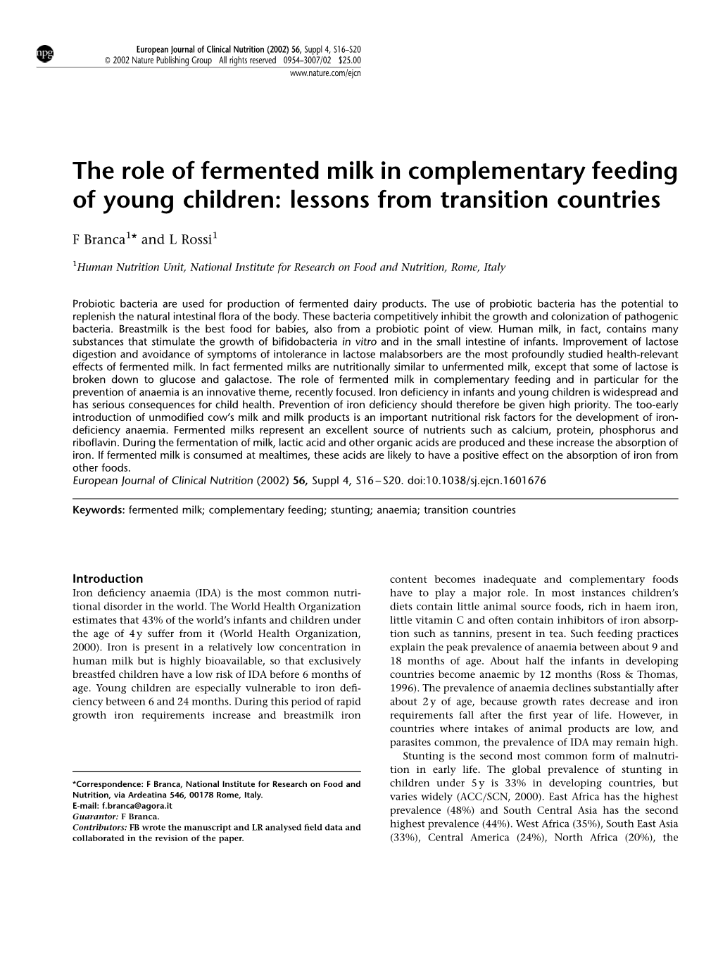 The Role of Fermented Milk in Complementary Feeding of Young Children: Lessons from Transition Countries