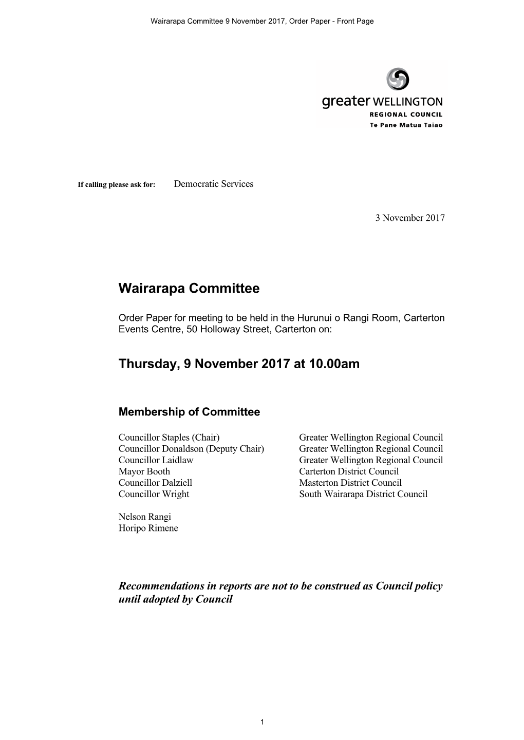 Wairarapa Committee 9 November 2017, Order Paper - Front Page