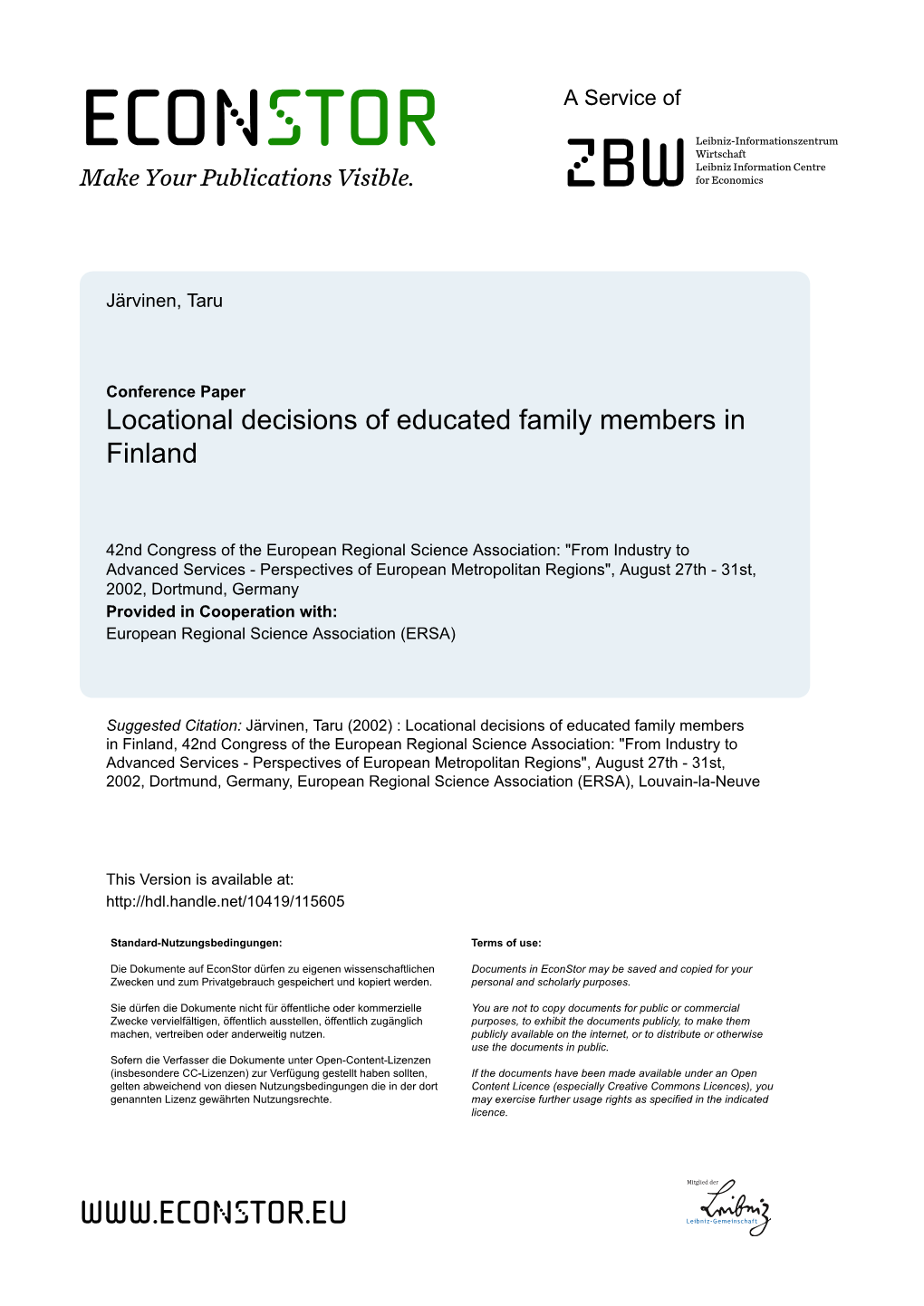 ERSA 2002 Congress Locational Decisions of Educated Family Members in Finland