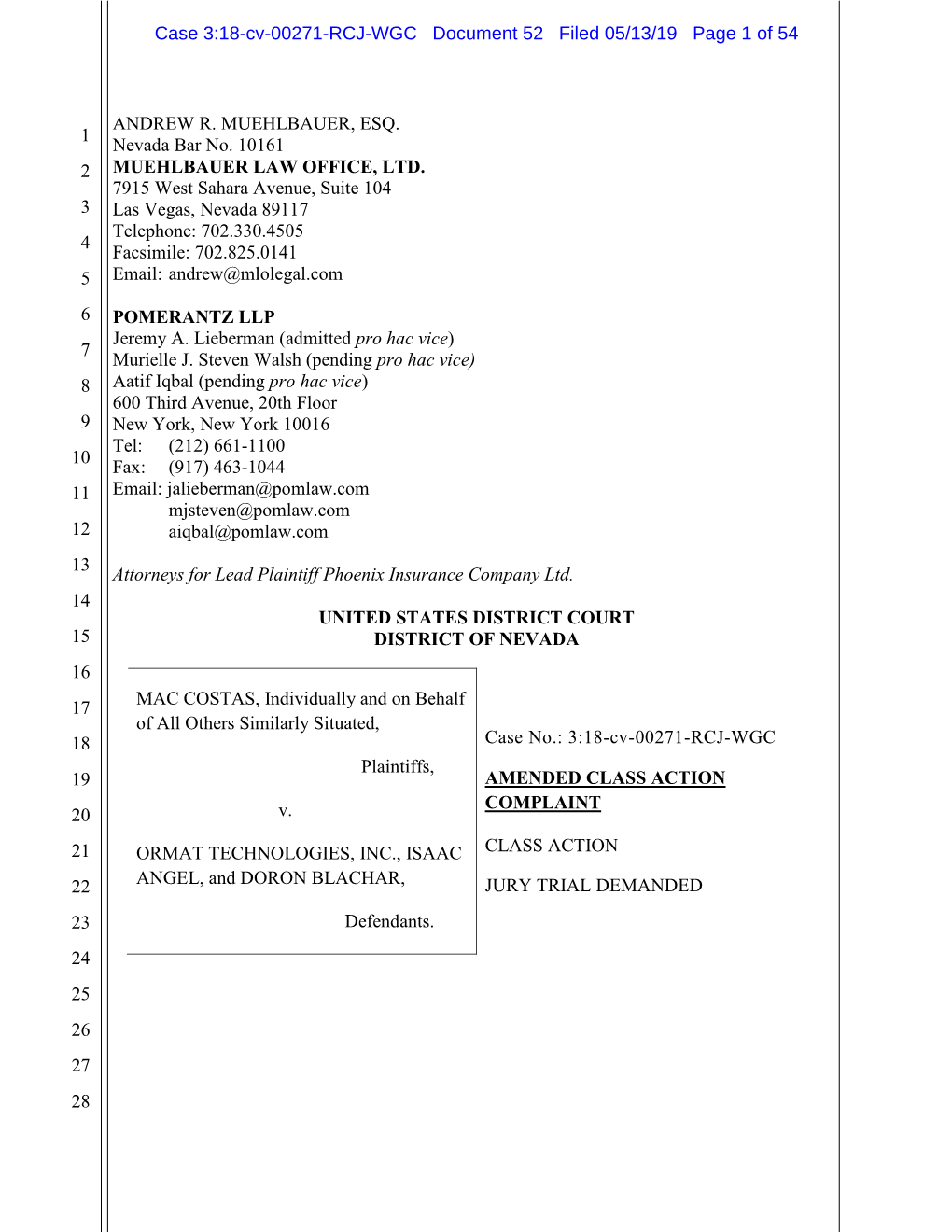 Mac Costas, Et Al. V. Ormat Technologies Inc., Et Al. 18-CV