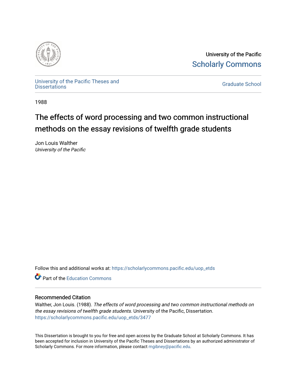 The Effects of Word Processing and Two Common Instructional Methods on the Essay Revisions of Twelfth Grade Students