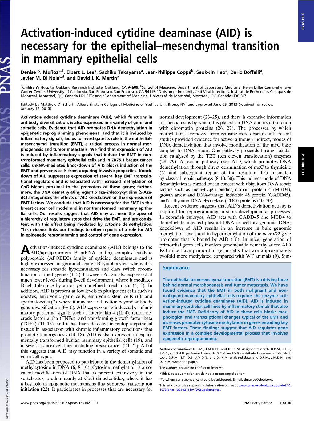 Activation-Induced Cytidine Deaminase (AID) Is PNAS PLUS Necessary for the Epithelial–Mesenchymal Transition in Mammary Epithelial Cells