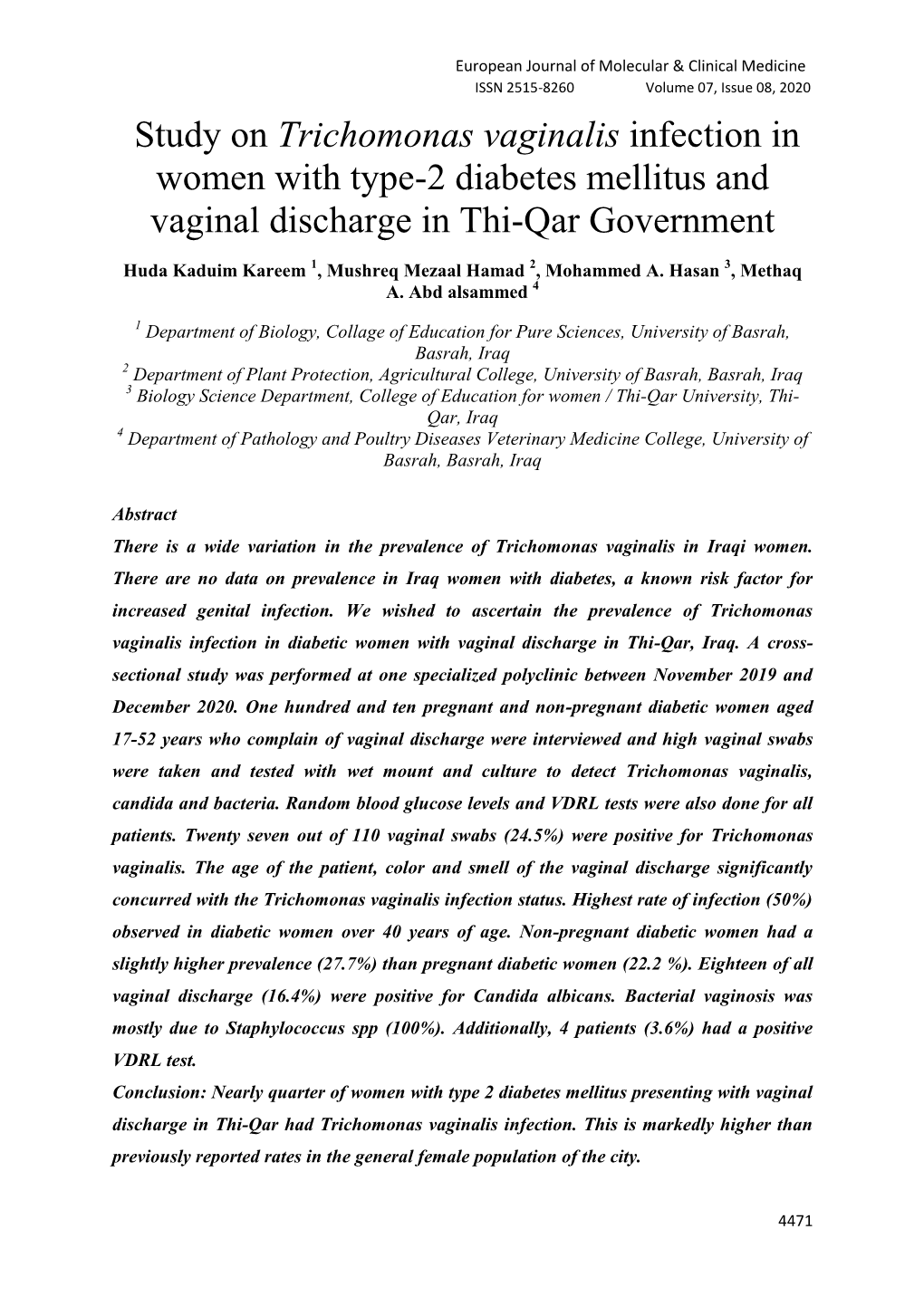 Study on Trichomonas Vaginalis Infection in Women with Type-2 Diabetes Mellitus and Vaginal Discharge in Thi-Qar Government