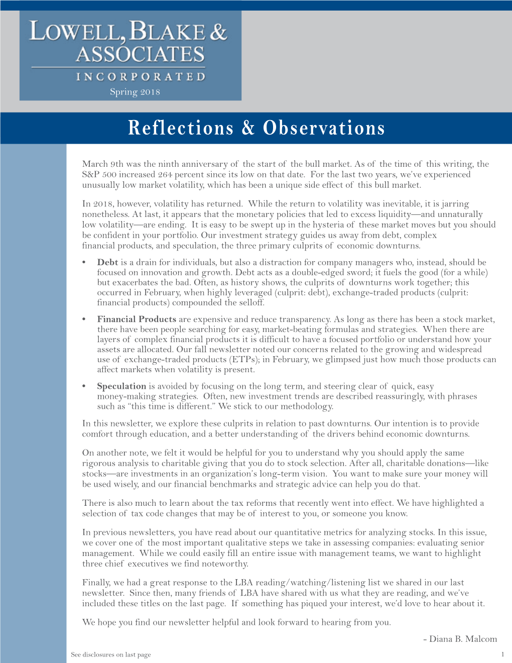 Spring 2018 LBA Reflections and Observations Spring 2018