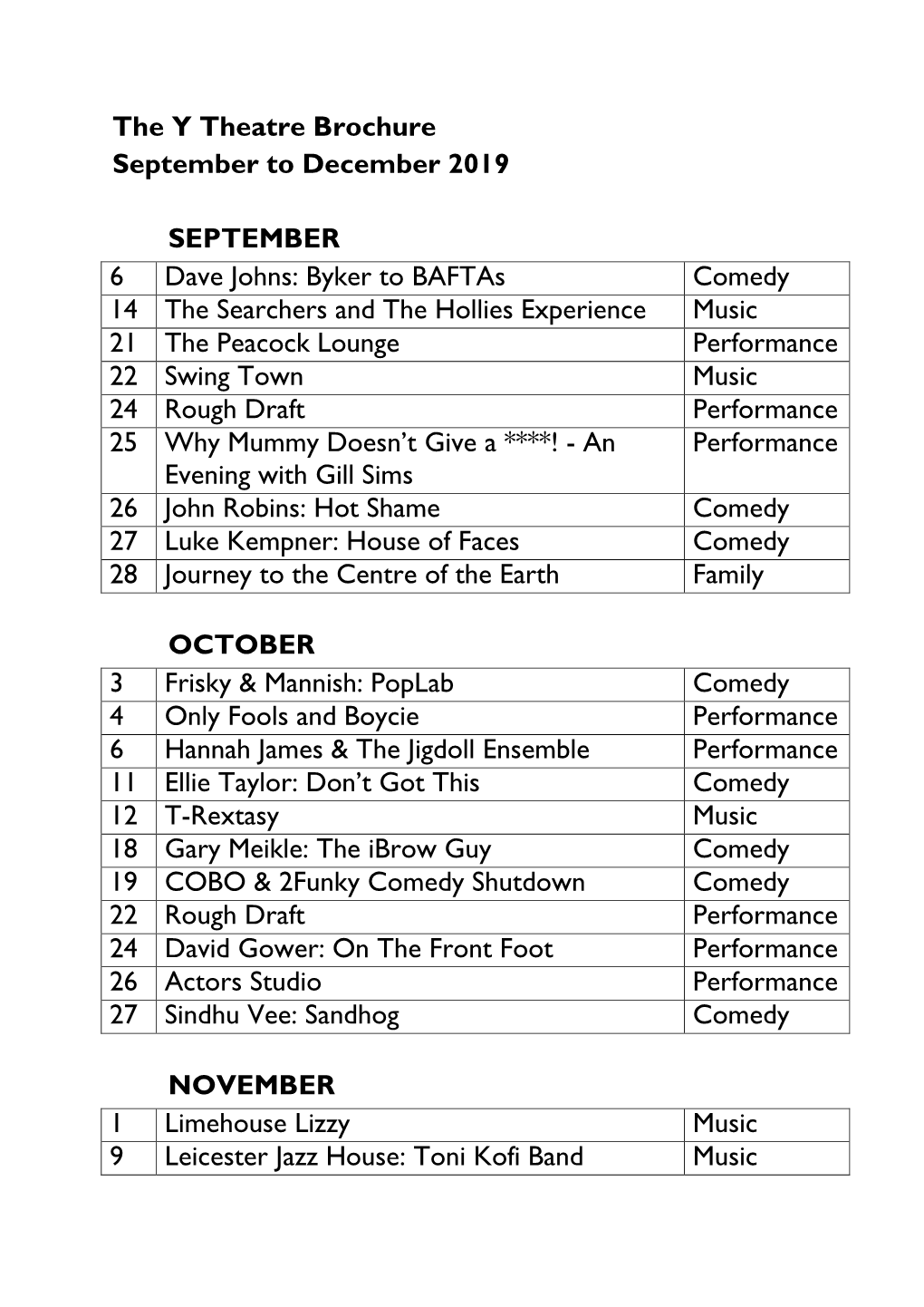 The Y Theatre Brochure September to December 2019 SEPTEMBER 6 Dave Johns: Byker to Baftas Comedy 14 the Searchers and the Holli