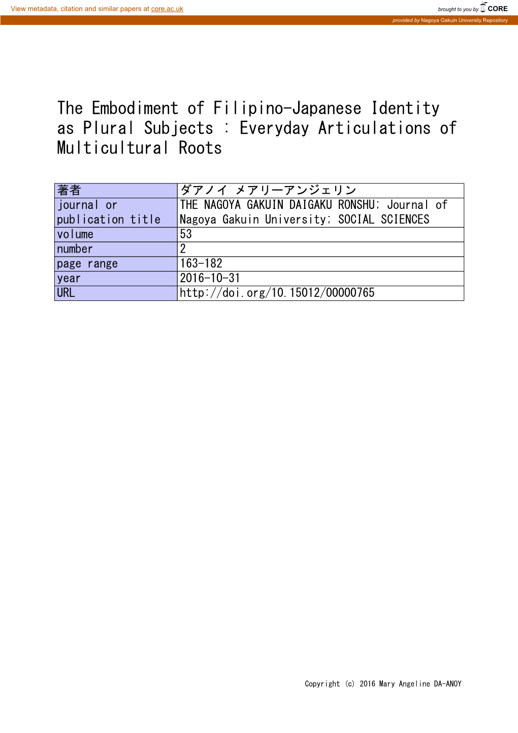 The Embodiment of Filipino-Japanese Identity As Plural Subjects : Everyday Articulations of Multicultural Roots