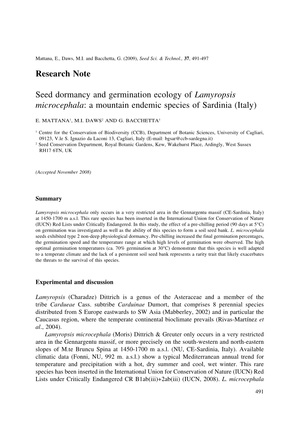 Research Note Seed Dormancy and Germination Ecology of Lamyropsis