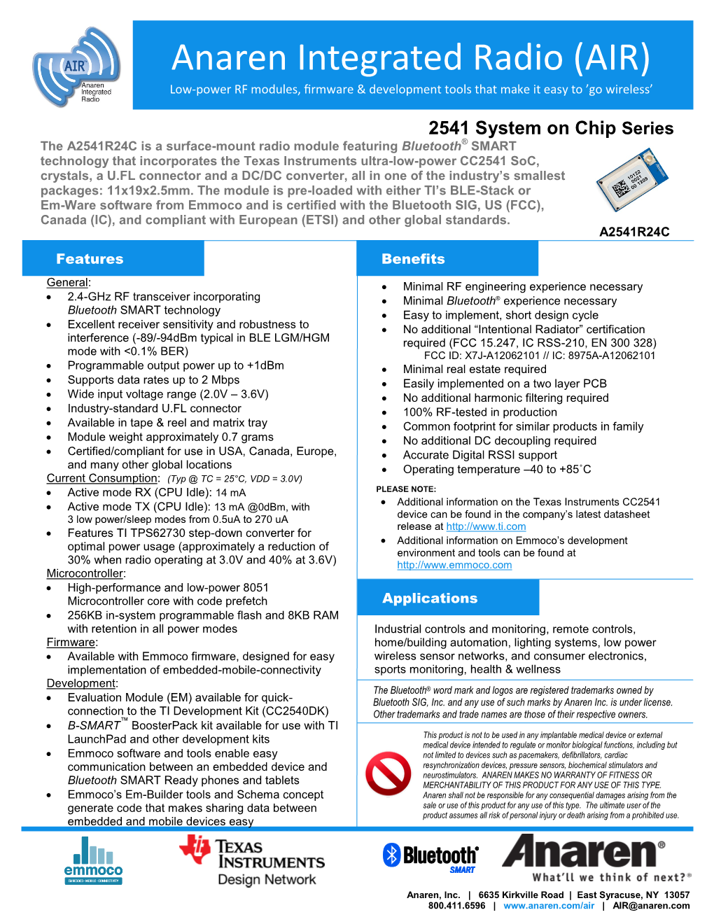 Anaren Integrated Radio (AIR) Low-Power RF Modules, Firmware & Development Tools That Make It Easy to ’Go Wireless’