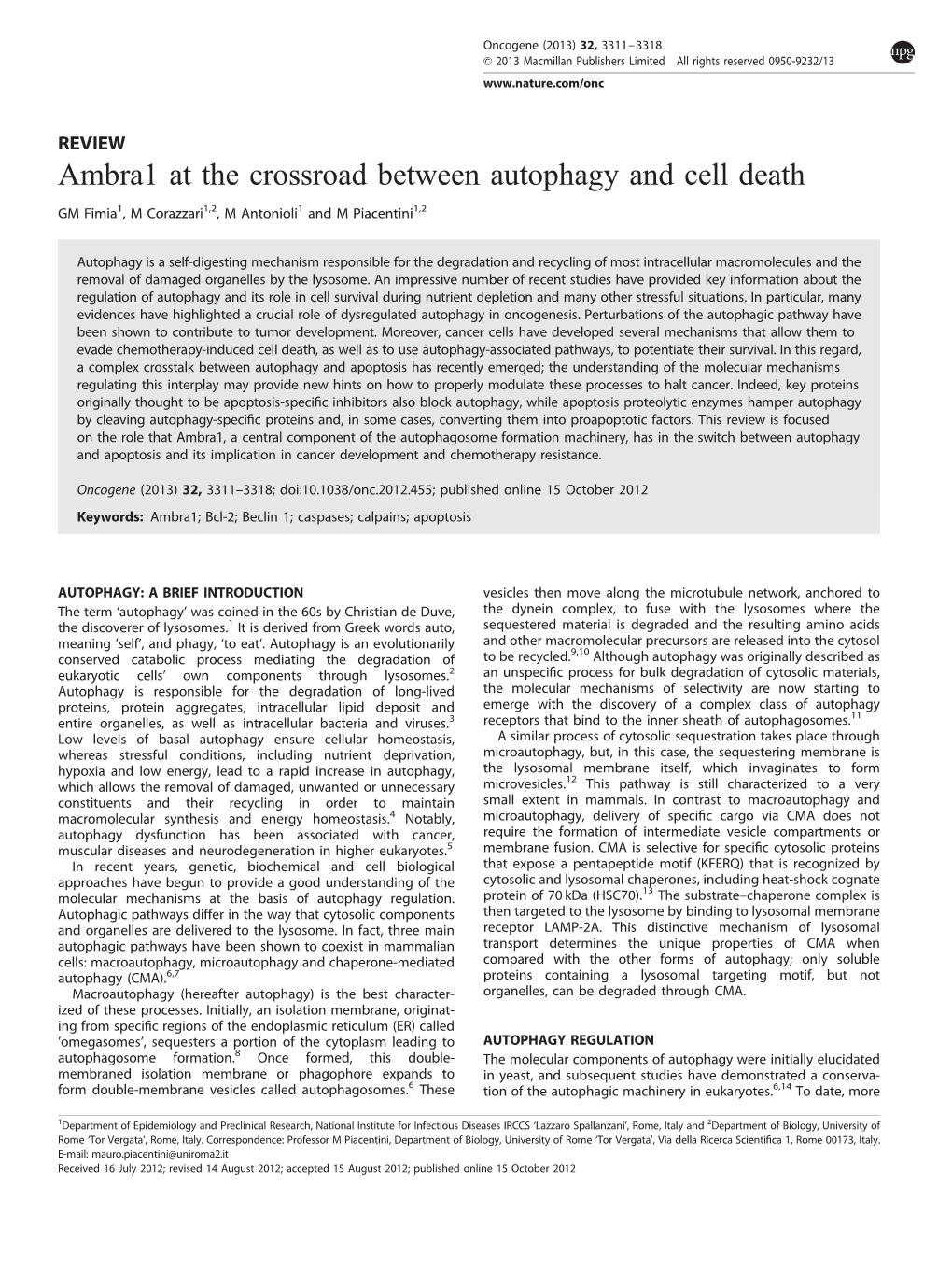 Ambra1 at the Crossroad Between Autophagy and Cell Death