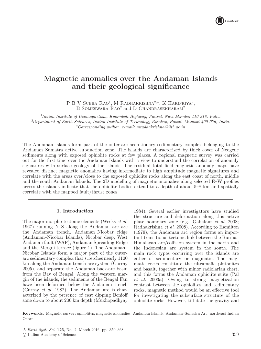 Magnetic Anomalies Over the Andaman Islands and Their Geological Signiﬁcance