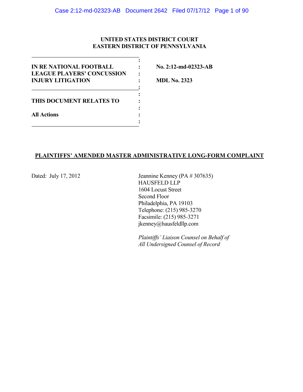 Case 2:12-Md-02323-AB Document 2642 Filed 07/17/12 Page 1 of 90