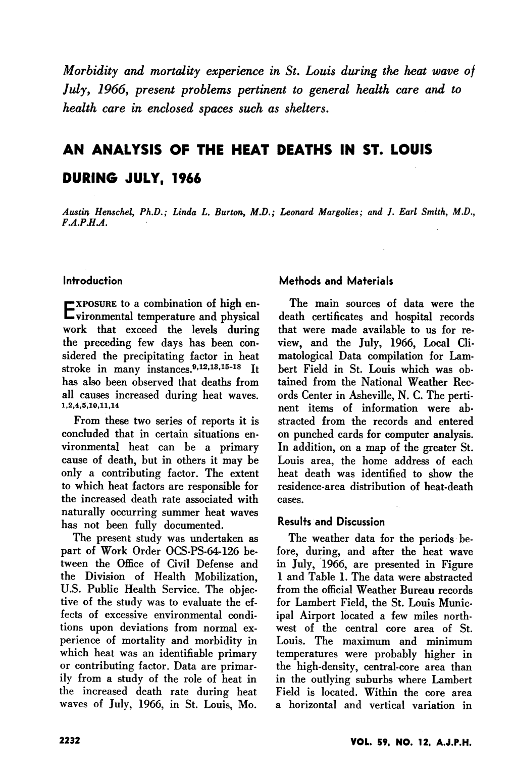 An Analysis of the Heat Deaths in St. Louis During July, 1966