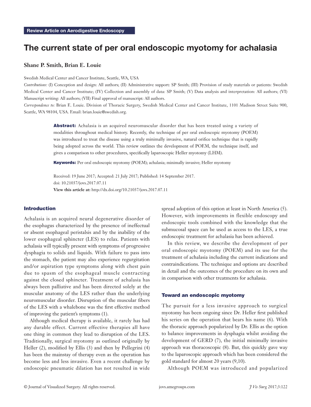 The Current State of Per Oral Endoscopic Myotomy for Achalasia