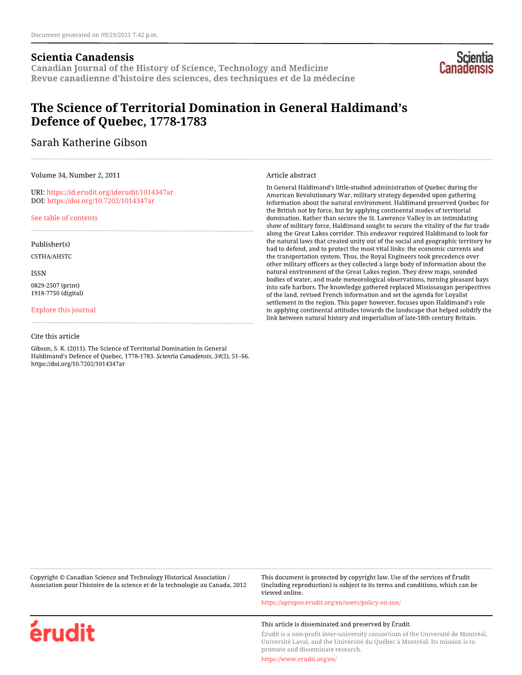 The Science of Territorial Domination in General Haldimand's Defence Of