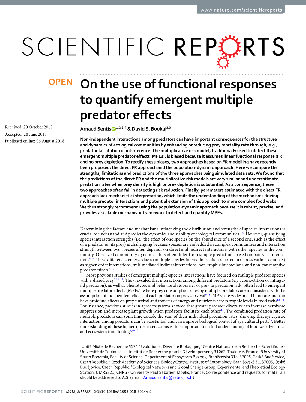 On the Use of Functional Responses to Quantify Emergent Multiple Predator Efects Received: 20 October 2017 Arnaud Sentis 1,2,3,4 & David S