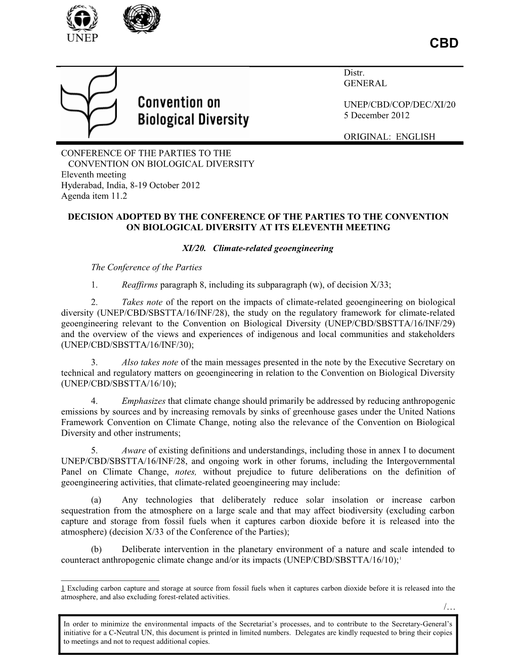 XI/20. Climate-Related Geoengineering