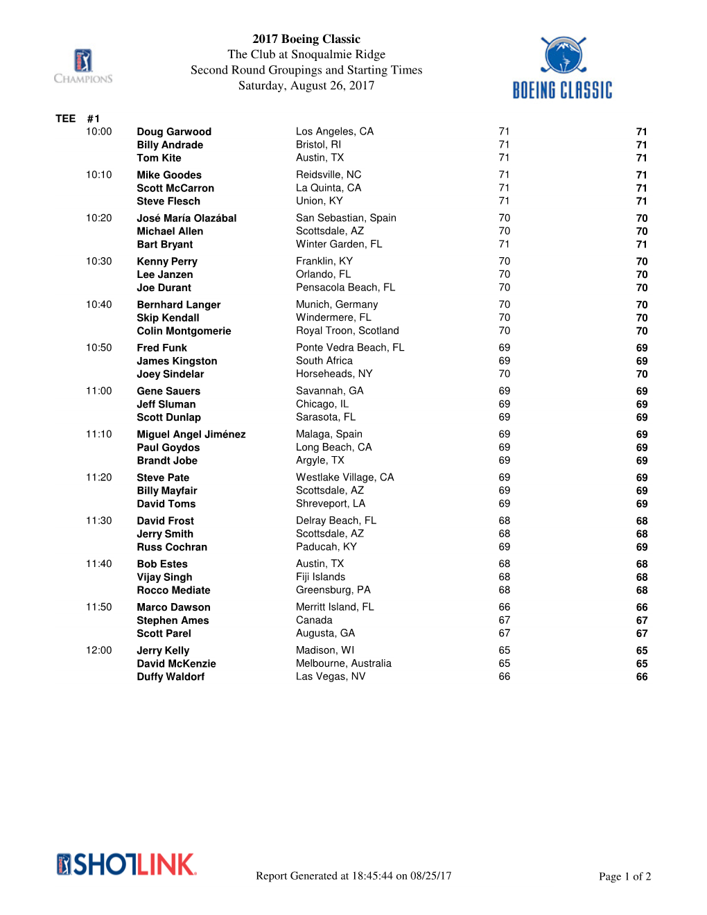 2017 Boeing Classic the Club at Snoqualmie Ridge Second Round Groupings and Starting Times Saturday, August 26, 2017