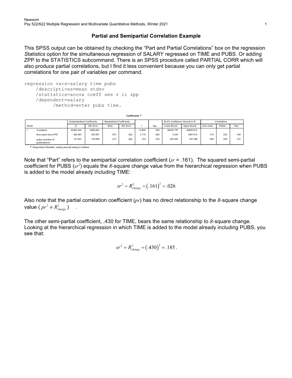 “Part and Partial Correlations” Option on the Regression Statistics Option