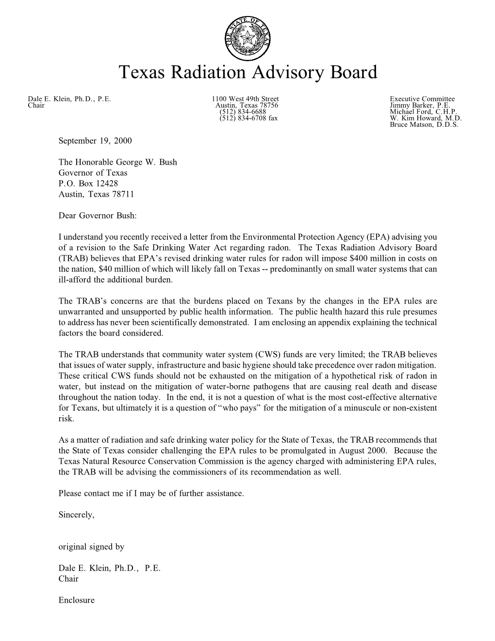 TRAB Letter Regarding Radon