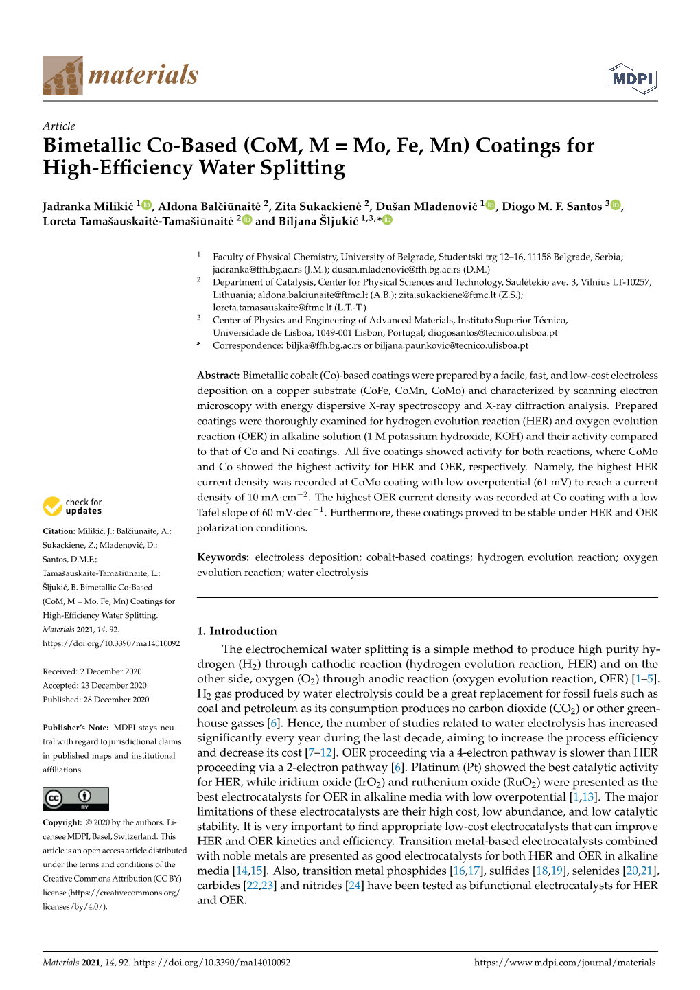 (Com, M = Mo, Fe, Mn) Coatings for High-Efficiency Water Splitting